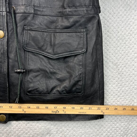 Vintage 90s Charles Klein Mens Leather Field Jacket Black Coat Waist Ties Sz XL - Picture 6 of 16